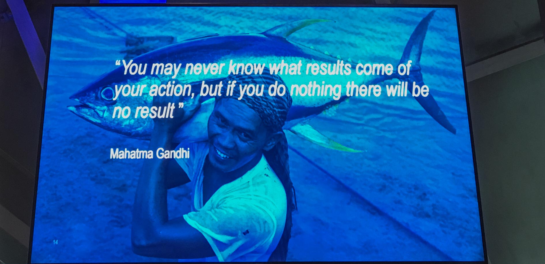 Slide from WWF presentation at 2019 World Seafood Expo Brussels with image of a person carrying a fish and quote "You may never know what results come of your action, but if you do nothing there will be no result" - Mahatma Gandhi
