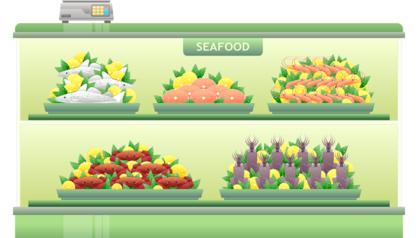 cartoon image of seafood shelf