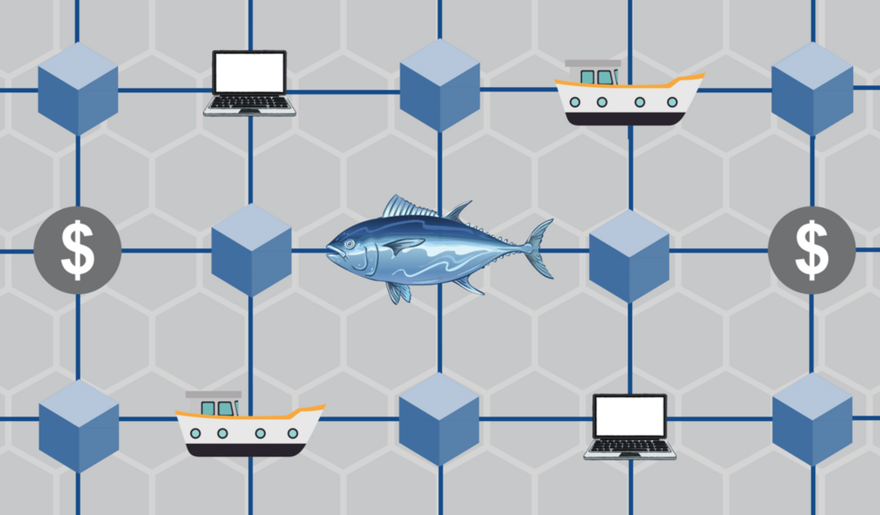 cartoon image of fish connected to boats and computers